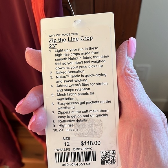 NWT Lululemon Women’s maroon and coral cropped leggings, size 12. - Picture 3 of 7